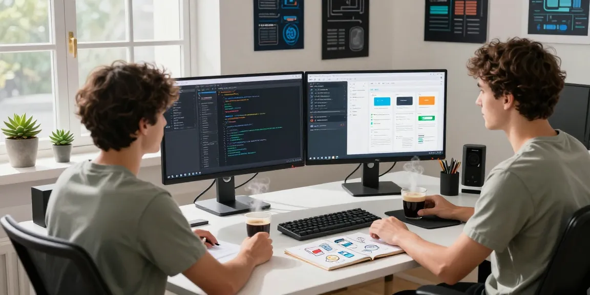 Dynamic workspace showcasing a developer on WPS Official Website projects with vibrant tech scene.