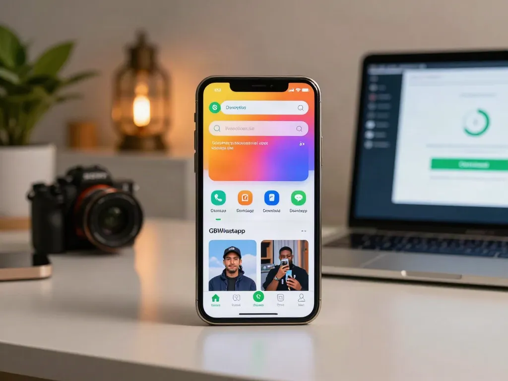 Explore GBWhatsApp features on a modern device at https://gbapps.net/gbwhatsapp-apk-dl/ in a cozy home office.