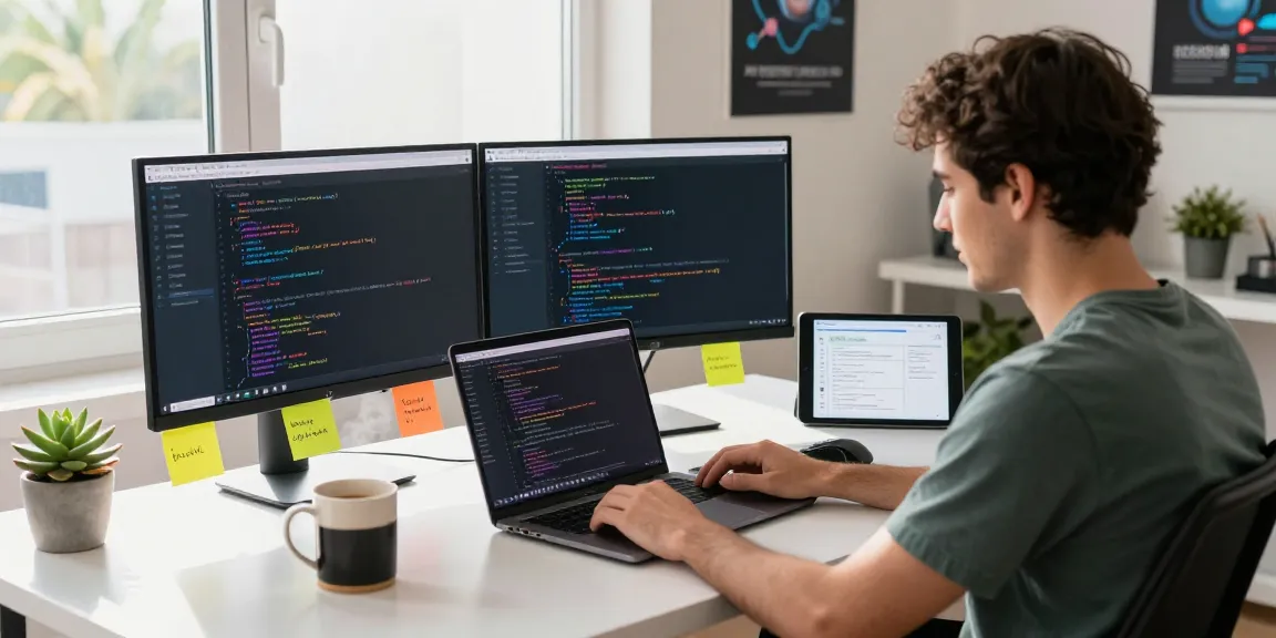 Developer coding the Telegram Web Version in a vibrant workspace with dual monitors and tech accessories.