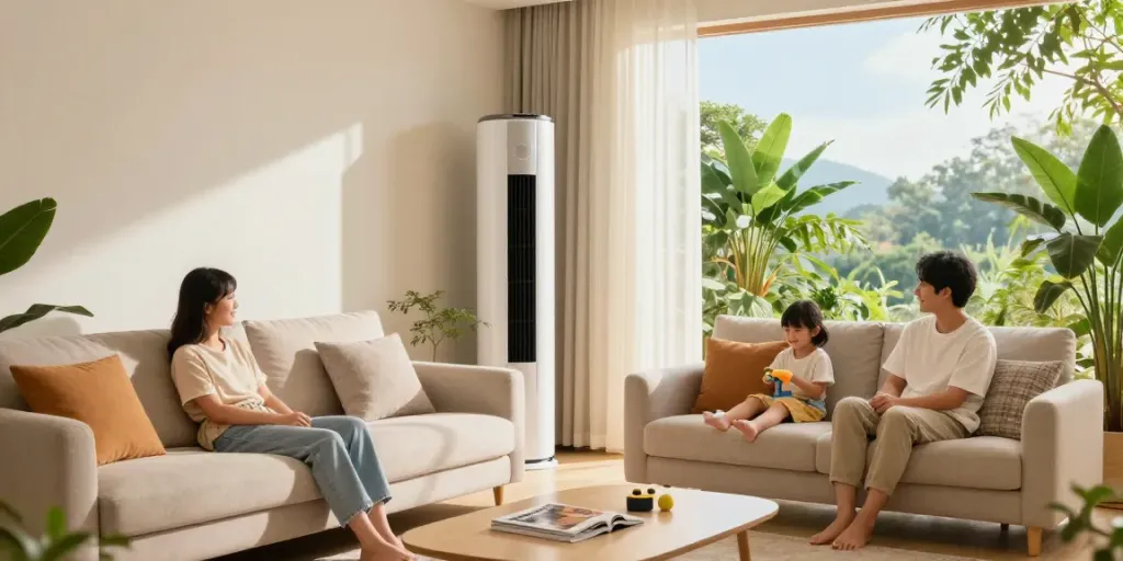 Family enjoying a comfortable living room with a split ac unit providing cool air.