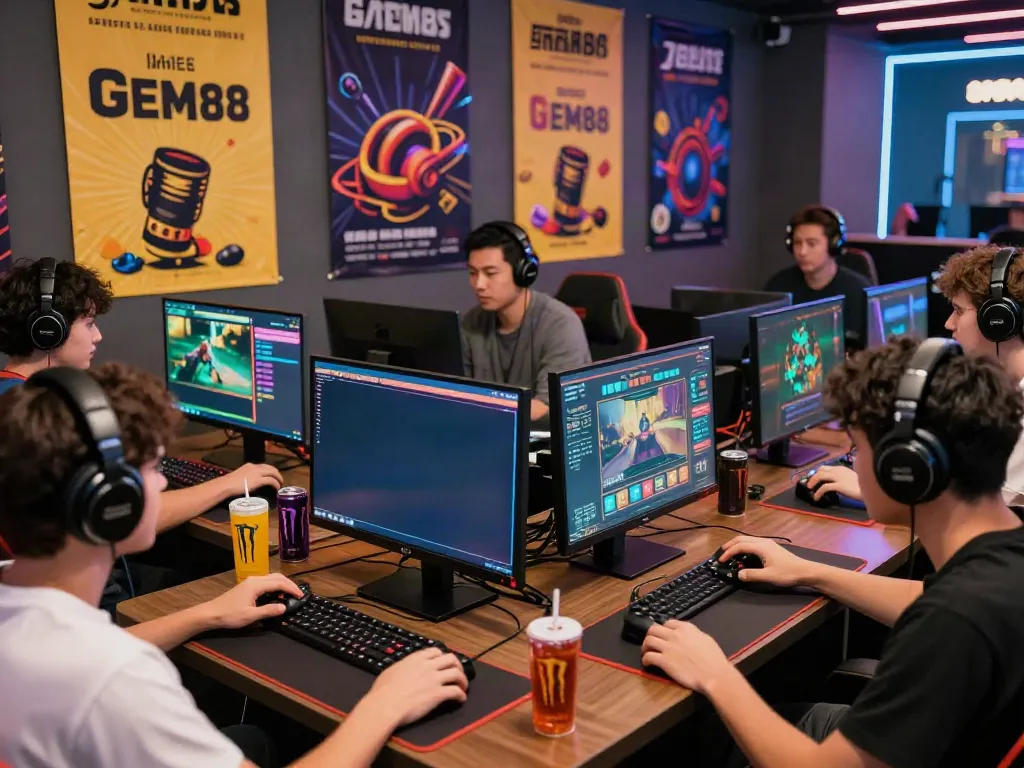 Exciting GEM88 online gaming scene with enthusiastic players and colorful screens.