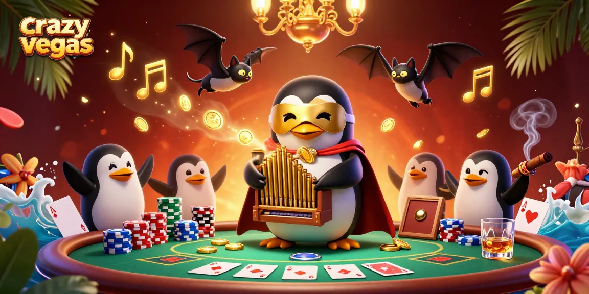 Experience the excitement of crazyvegas with a dynamic 3D scene featuring a penguin in a casino setting.